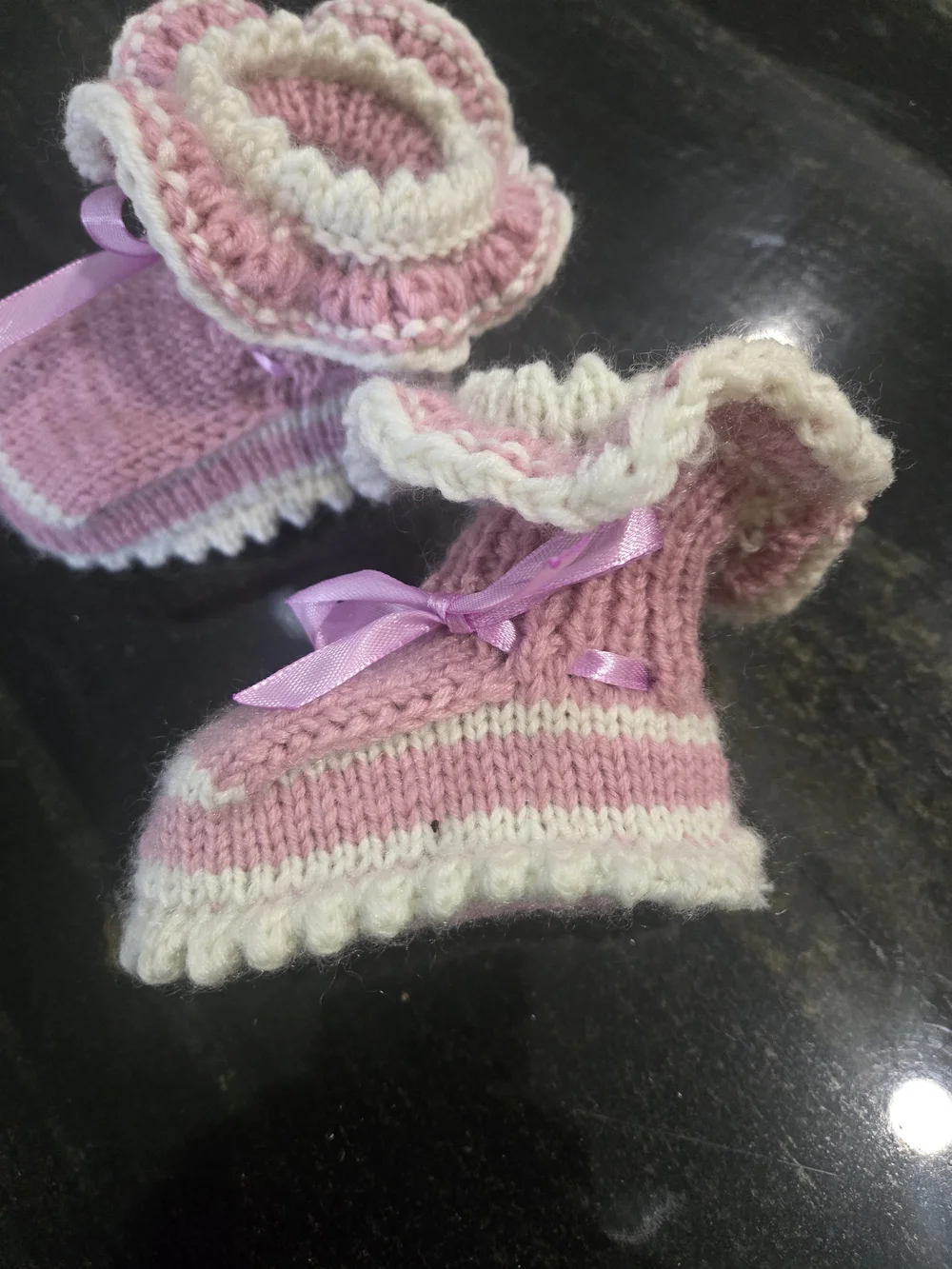 Hand-Knit Baby Booties with Ribbon - Pink and White